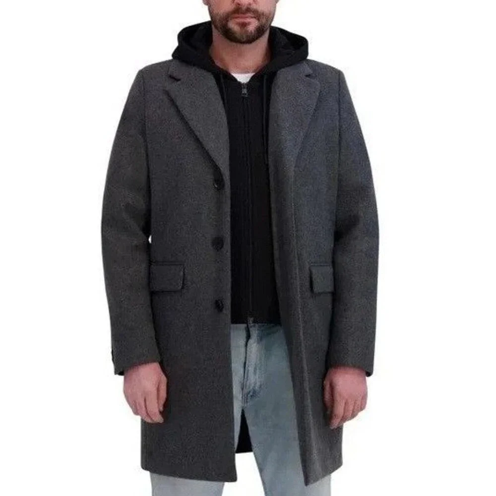 DKNY Men's Faux Wool 3 Button w/ Bib OverCoat Dark Gray Large NWT
